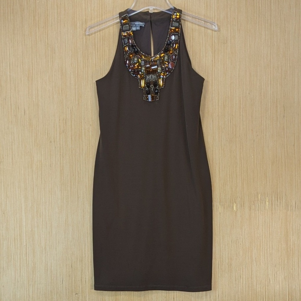 Boston Proper Muse Womens Event Glam Beaded Jewel Halter Shift Dress 4 Brown